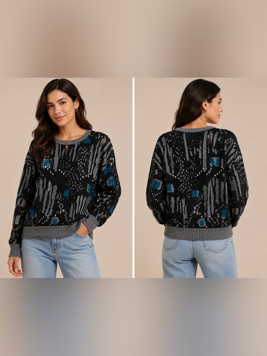 London Fog Sweaters - Vintage London Fog Knit Sweater Gray Blue Abstract Pattern Size Medium